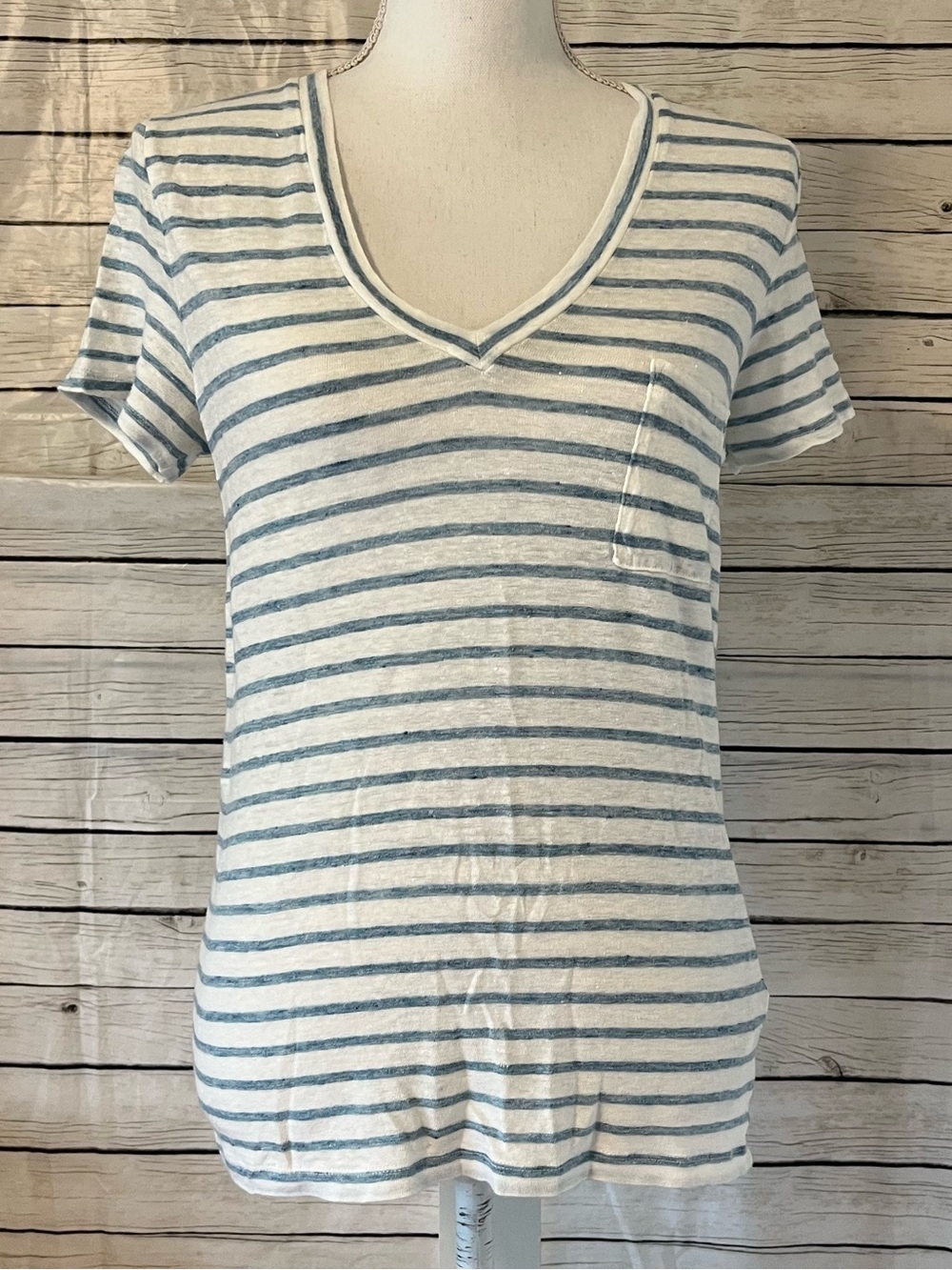 J. Crew Blue and White Striped Linen V-Neck Pocket Tee